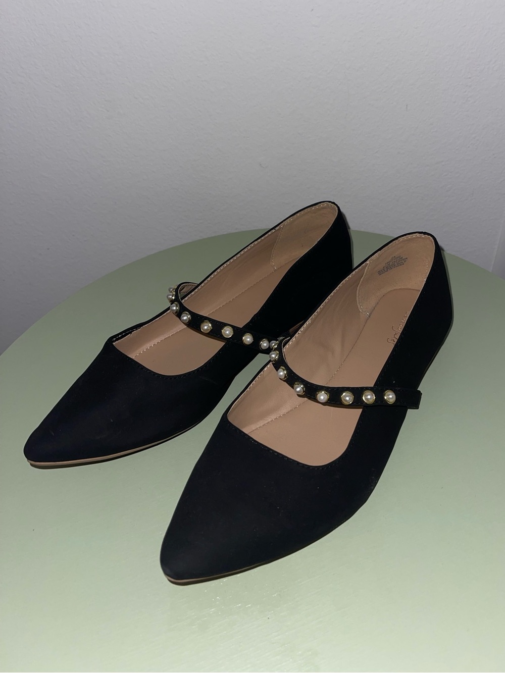 Maison Jules Black Pearl-Strap Pointed Mary Jane Flats